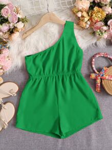 SHEIN Girls One Shoulder Romper - Green - View 1