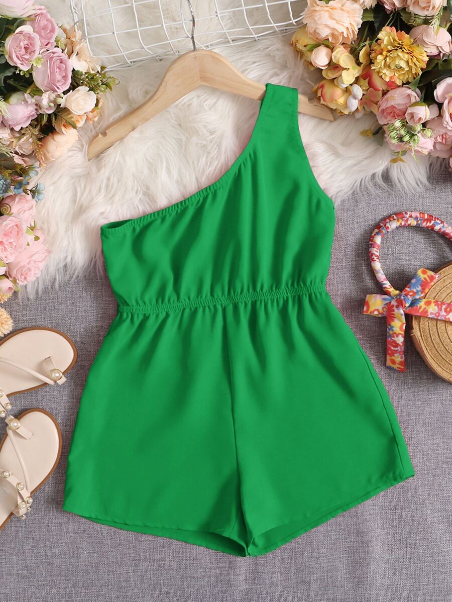 SHEIN Girls One Shoulder Romper - Green - View 1