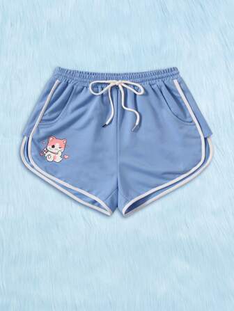 Kawaii Cartoon Graphic Contrast Binding Shorts