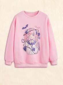 ROMWE Kawaii Bat & Figure Graphic Sweatshirt - Pink - View 1