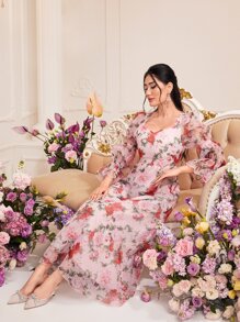 Modelyn Sukienka z organzy z nadrukiem kwiatowym, dekoltem w serduszko, falbaniastymi rękawami i bez paska, długie suknie wieczorowe