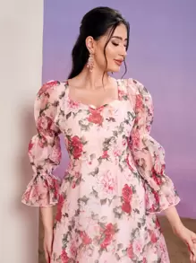 Modelyn Sukienka z organzy z nadrukiem kwiatowym, dekoltem w serduszko, falbaniastymi rękawami i bez paska, długie suknie wieczorowe