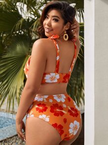 SHEIN Swim Curve Plus Size Floral Print Knot Side Bikini Set Summer Beach - Multicolor - View 2