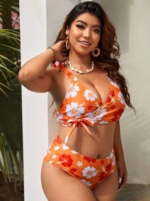 SHEIN Swim Curve Plus Size Floral Print Knot Side Bikini Set Summer Beach - Multicolor - View 5