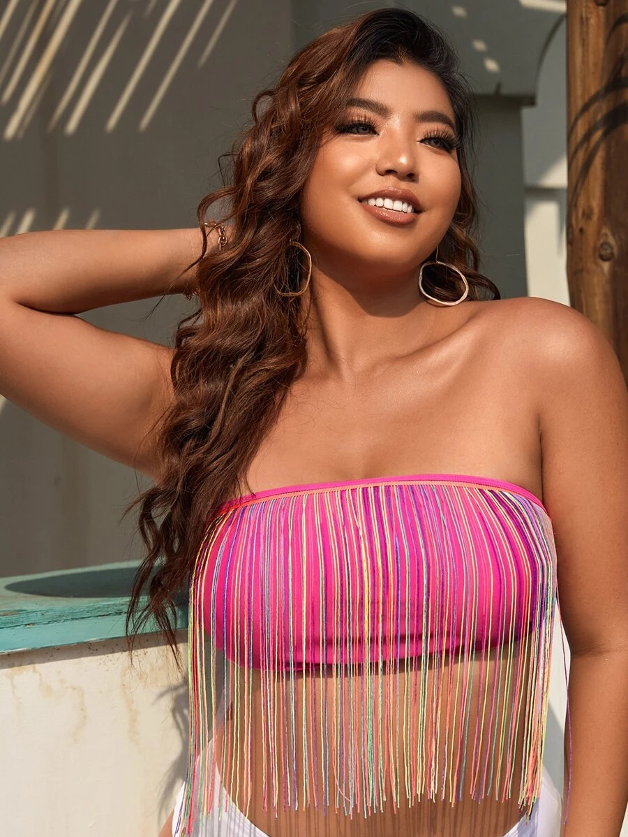Plus Fringe Hem Bandeau Bikini Top - Hot Pink - View 1