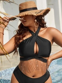SHEIN Swim Curve Plus Fringe Hem Criss Cross Halter Neck Bikini Top - Black - View 1