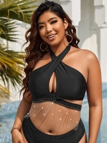 SHEIN Swim Curve Plus Fringe Hem Criss Cross Halter Neck Bikini Top - Black - View 4