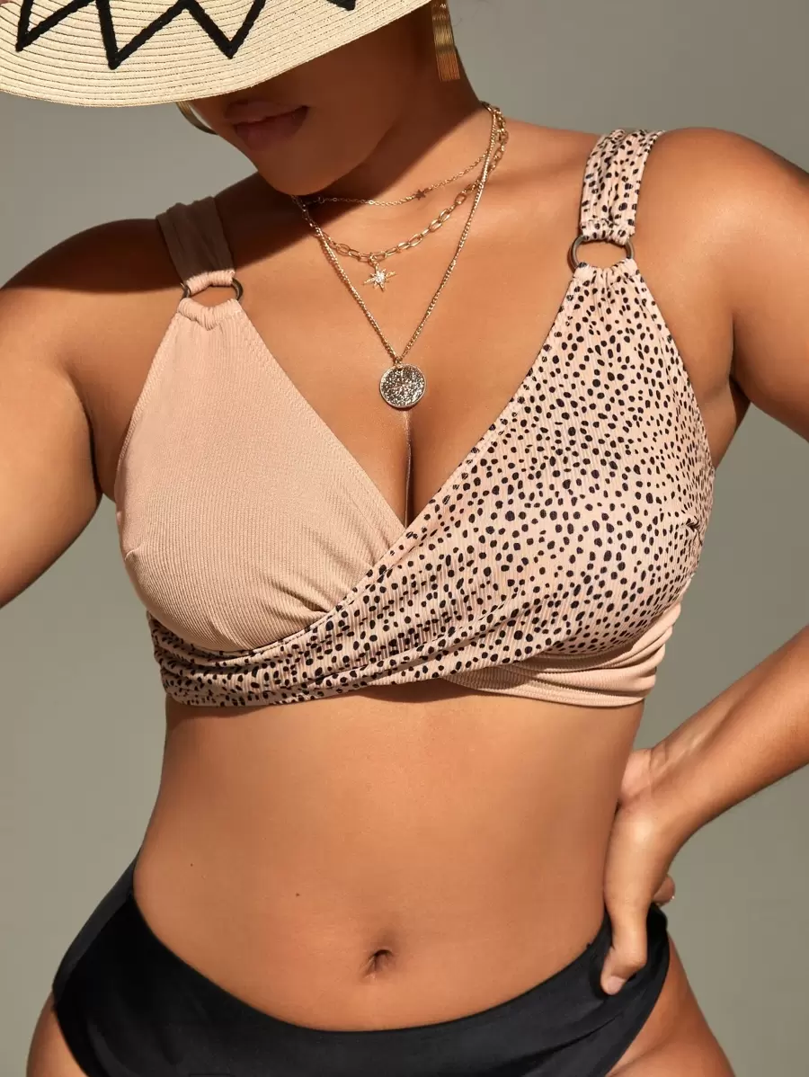 SHEIN Swim Curve Plus Dalmatian Print Ring Linked Bikini Top, For Summer Beach Vacation - Apricot - View 1