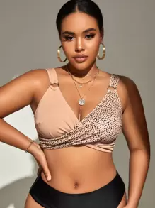 SHEIN Swim Curve Plus Dalmatian Print Ring Linked Bikini Top, For Summer Beach Vacation - Apricot - View 3