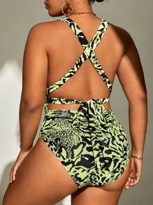 SHEIN Swim Curve Plus Allover Print Plunging One Piece Swimsuit - Multicolor - View 2