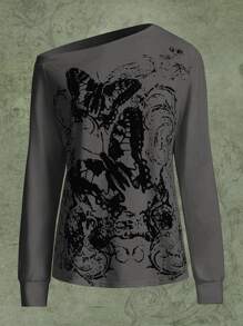 ROMWE Fairycore Butterfly Print One Shoulder Tee - Grey - View 1