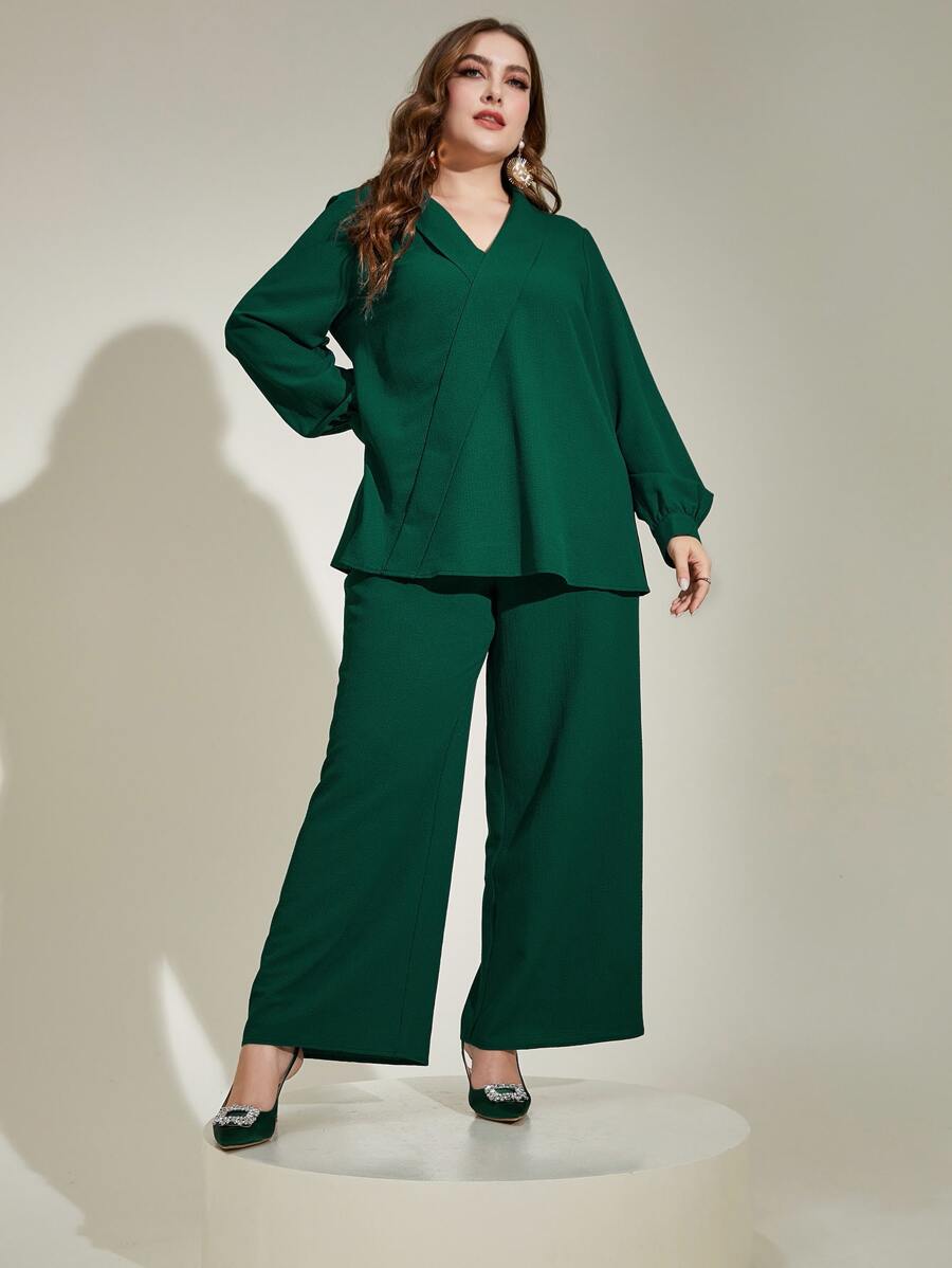 Modelyn Plus Lantern Sleeve Top & Wide Leg Trousers - Dark Green - View 1