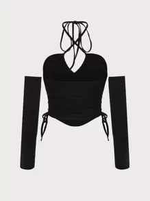 SHEIN ICON Plus Crisscross Tie Backless Drawstring Side Hanky Hem Halter Top & Arm Sleeves - Black - View 2