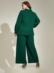 Modelyn Plus Lantern Sleeve Top & Wide Leg Trousers - Dark Green - View 2