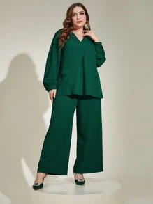 Modelyn Plus Lantern Sleeve Top & Wide Leg Trousers - Dark Green - View 3