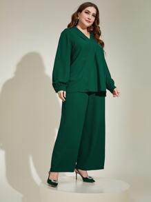 Modelyn Plus Lantern Sleeve Top & Wide Leg Trousers - Dark Green - View 4