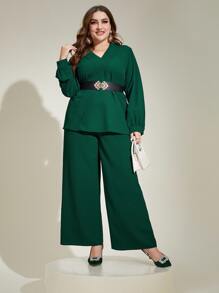 Modelyn Plus Lantern Sleeve Top & Wide Leg Trousers - Dark Green - View 6