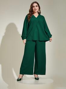 Modelyn Plus Lantern Sleeve Top & Wide Leg Trousers - Dark Green - View 7