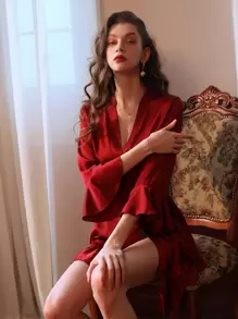 Flounce Sleeve Belted Ruffle Hem Nightdress - Red - View 1