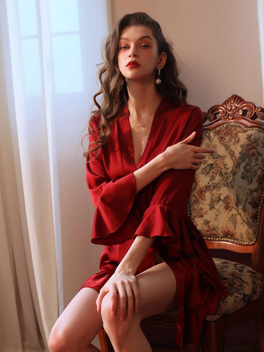 Flounce Sleeve Belted Ruffle Hem Nightdress - Red - View 1