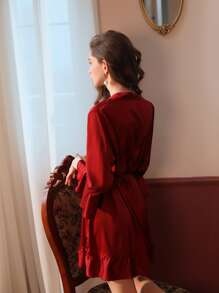 Flounce Sleeve Belted Ruffle Hem Nightdress - Red - View 2