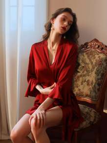Flounce Sleeve Belted Ruffle Hem Nightdress - Red - View 3