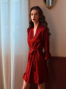 Flounce Sleeve Belted Ruffle Hem Nightdress - Red - View 4