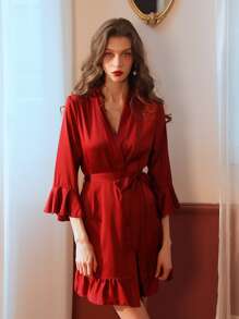 Flounce Sleeve Belted Ruffle Hem Nightdress - Red - View 5