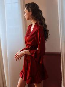 Flounce Sleeve Belted Ruffle Hem Nightdress - Red - View 6