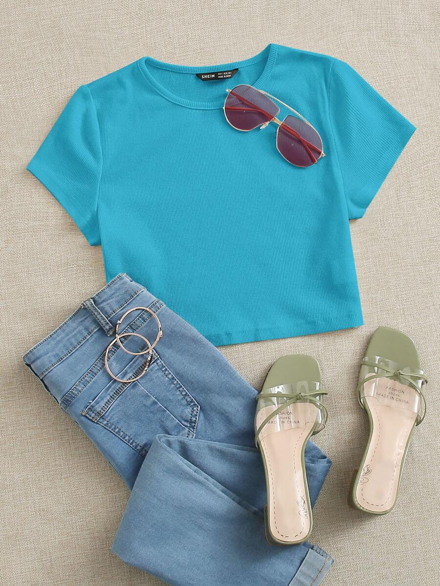 SHEIN EZwear Áo thun nữ Gân đan màu trơn Giải trí - Màu xanh bạc hà - Xem 1