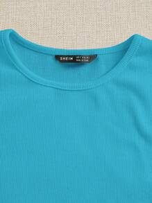 SHEIN EZwear Áo thun nữ Gân đan màu trơn Giải trí - Màu xanh bạc hà - Xem 3