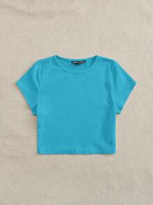 SHEIN EZwear Áo thun nữ Gân đan màu trơn Giải trí - Màu xanh bạc hà - Xem 5