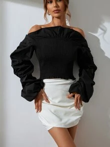 GENKIRA Off Shoulder Ruched Sleeve Ruffle Trim Crop Top - Black - View 3