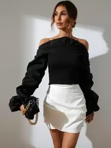 GENKIRA Off Shoulder Ruched Sleeve Ruffle Trim Crop Top - Black - View 6
