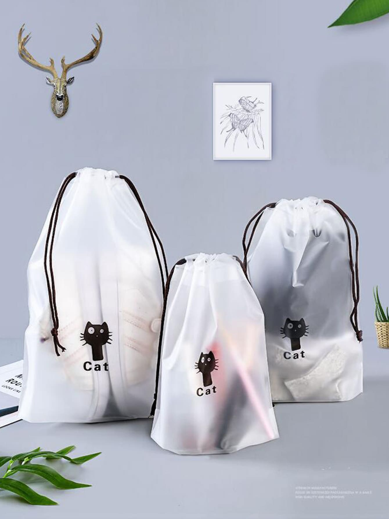 3pcs Cat Print Travel Storage Bag - White - View 1