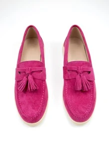 女士流蘇裝飾平底仿麂皮時尚樂福鞋玫瑰 - 玫紅色 - 查看 4