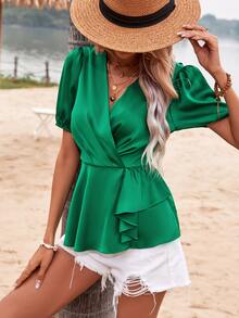 SHEIN Clasi Puff Sleeve Peplum Blouse - Green - View 5