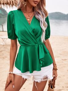 SHEIN Clasi Puff Sleeve Peplum Blouse - Green - View 7