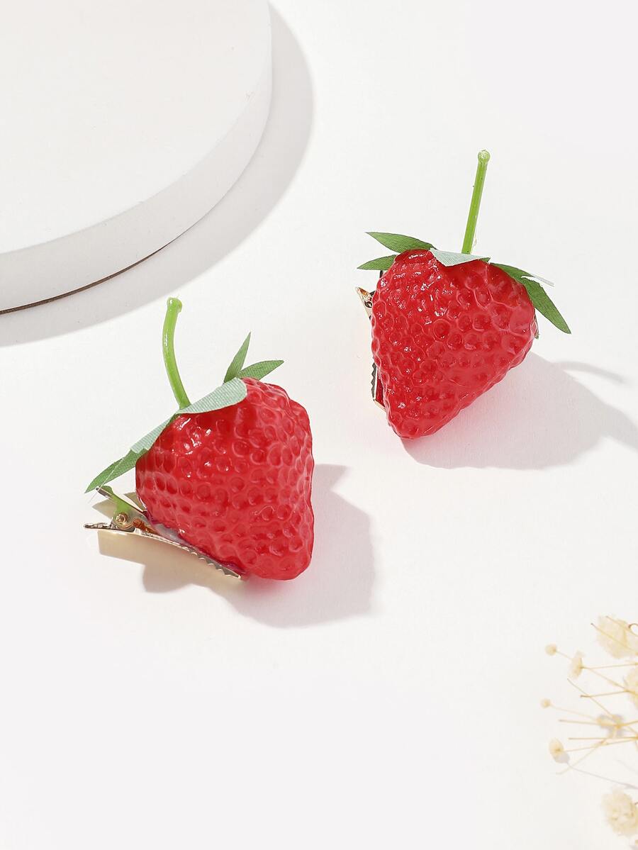 2pcs Strawberry Decor Hair Clip - Multicolor - View 1