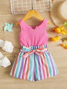 SHEIN Jumpsuit bé gái Thắt lưng Gân đan Quần paper-bag Sọc Giải trí - Hồng - Xem 2