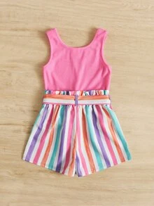 SHEIN Jumpsuit bé gái Thắt lưng Gân đan Quần paper-bag Sọc Giải trí - Hồng - Xem 3