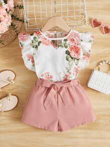 SHEIN Leap Crew 少女花卉印花荷葉邊上衣和束腰短褲 - 彩色 - 查看 1