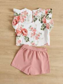 SHEIN Leap Crew 少女花卉印花荷葉邊上衣和束腰短褲 - 彩色 - 查看 2