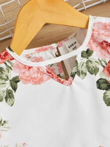 SHEIN Leap Crew 少女花卉印花荷葉邊上衣和束腰短褲 - 彩色 - 查看 5