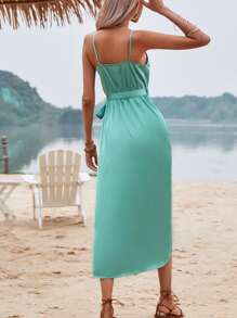 SHEIN VCAY Solid Wrap Knot Side Satin Cami Dress - Green - View 3