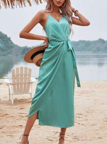 SHEIN VCAY Solid Wrap Knot Side Satin Cami Dress - Green - View 4