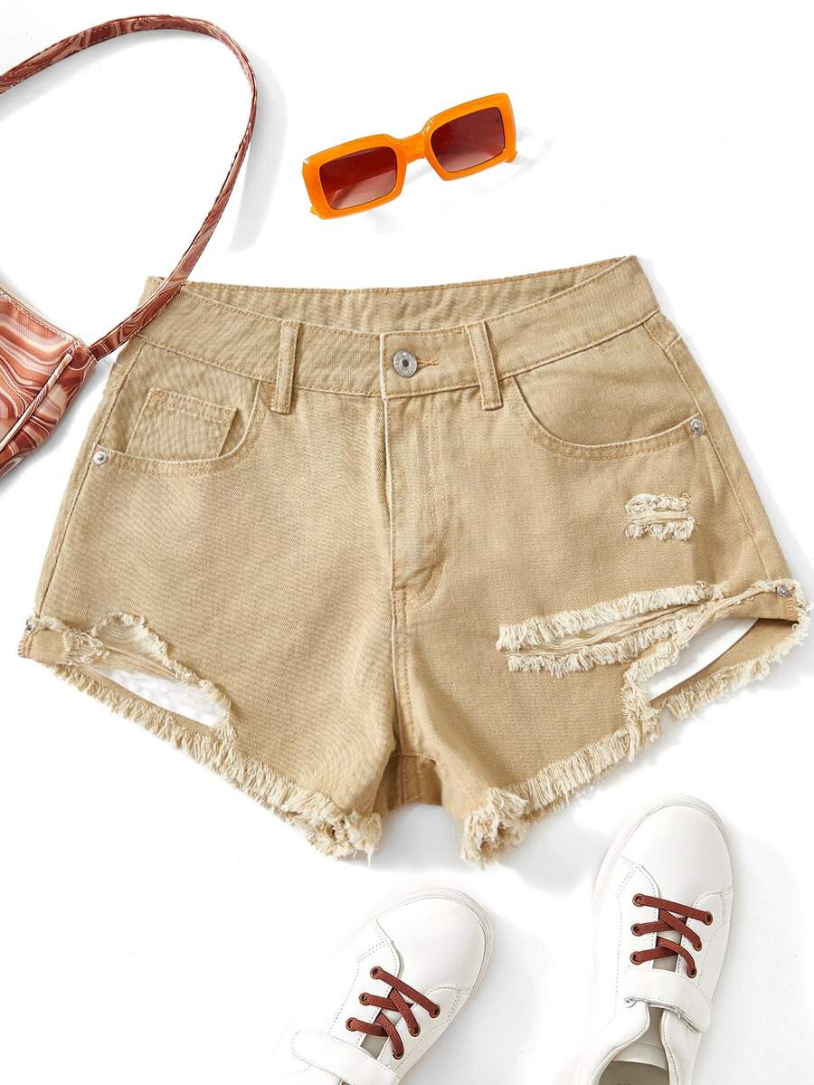 SHEIN EZwear Quần short denim nữ Túi Hem thô Bị tách màu trơn - Màu Khaki - Xem 1