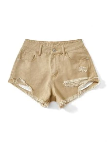 SHEIN EZwear 破洞毛邊牛仔短褲 - 卡其色 - 查看 2