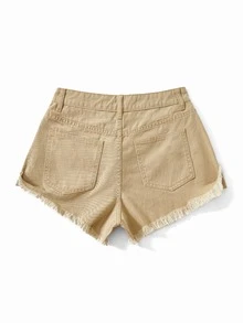 SHEIN EZwear 破洞毛邊牛仔短褲 - 卡其色 - 查看 3