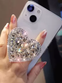 1 件水钻心形设计引人注目的手机握把，兼容 、Android 手机，生日、家人、朋友礼物，推拉式手机握把、手机支架、手机配件 - 白色 - 查看 5